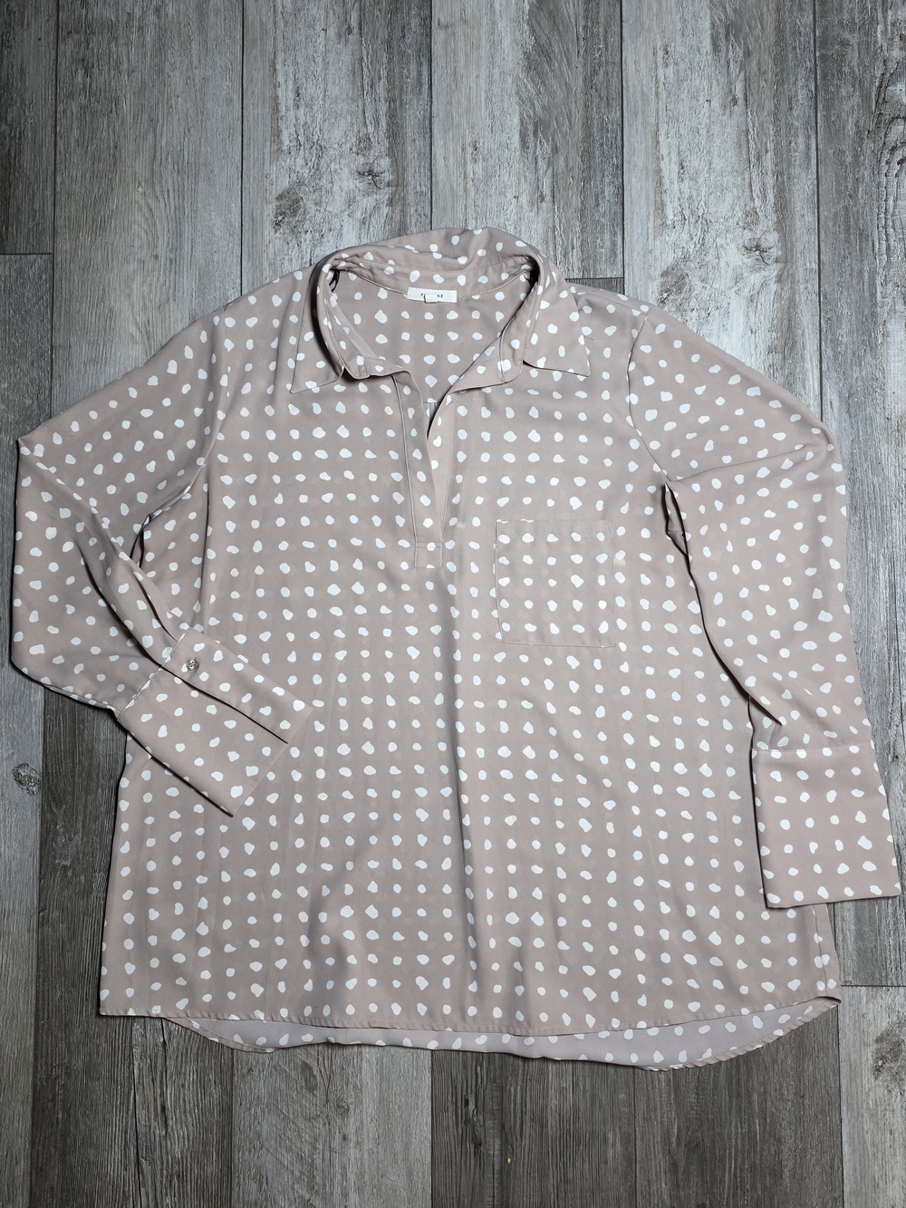 Pleione Women's Ivy Polka Dot AOP V-neck Longsleeve Popover Blouse Top Sz Lg